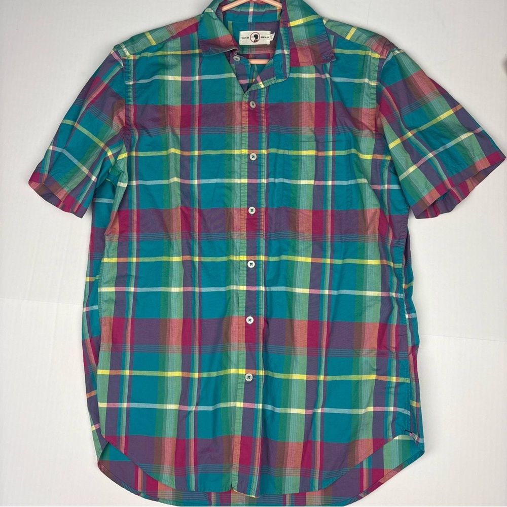 Vintage Duck Head Men Medium Shirt Button Up Short Sleeve Teal Green Pink Yellow